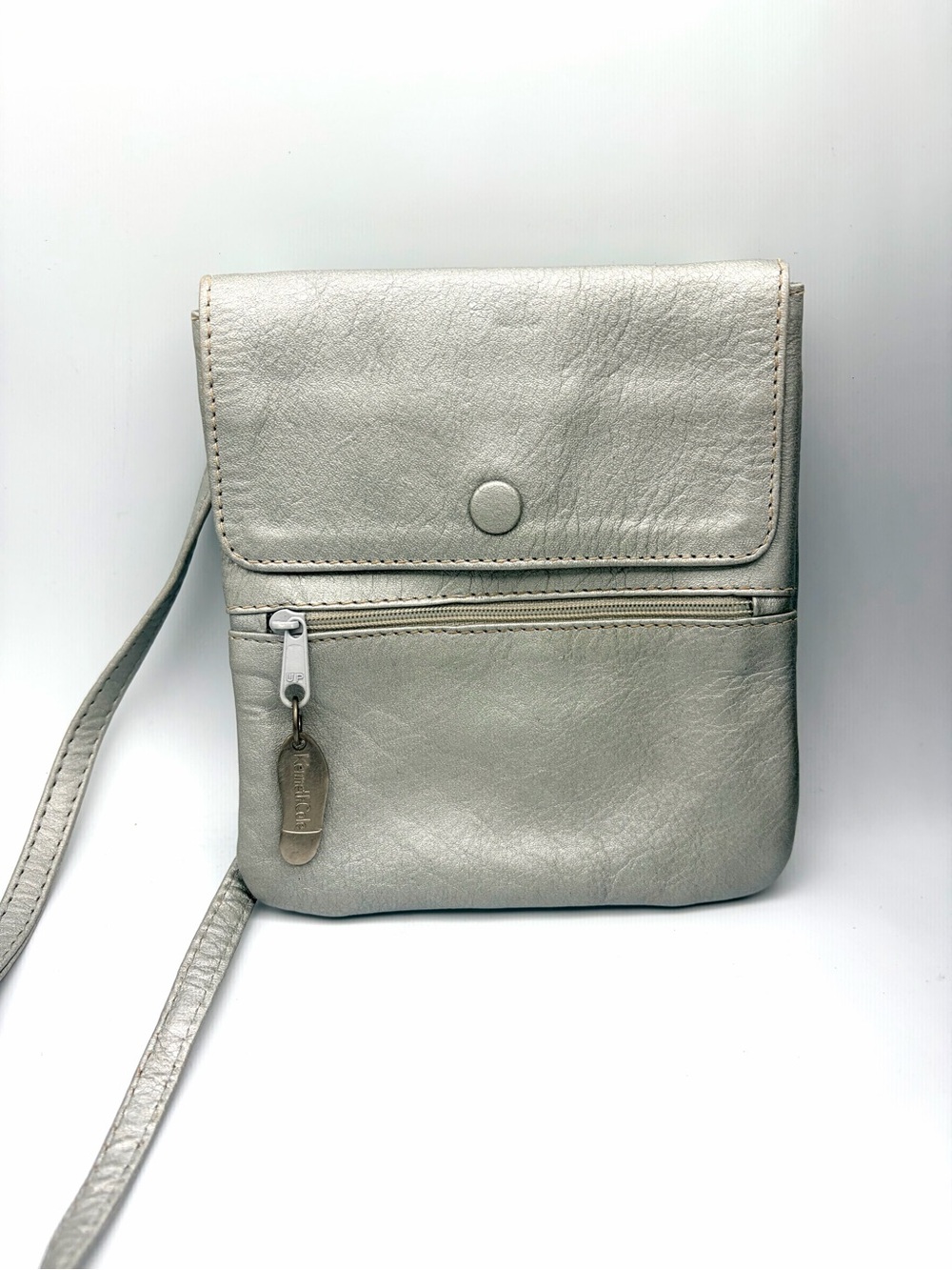 Kenneth Cole New York Light Silver Leather Mini Crossbody Bag with Front Zip